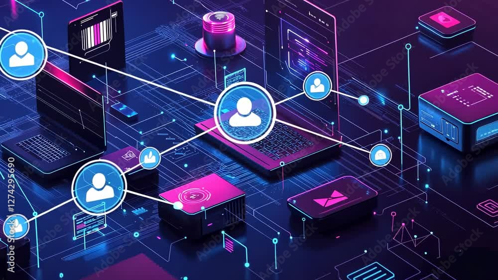 Poster digital network: a futuristic illustration of interconnected devices and user data showcasing global