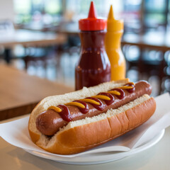American style hot dog on plate with ketchup and mustard on wooden table