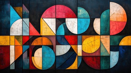 Fototapeta premium Abstract Geometric Wall Art Colorful modern shapes composition with textured circles lines and retro Bauhaus inspired design