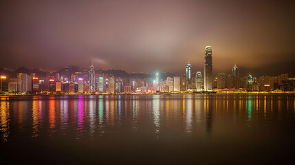 Fototapeta premium Hong Kong skyline at night with bright city lights reflecting on water