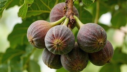 Ripe figs on tree with green leaves ready to harvest