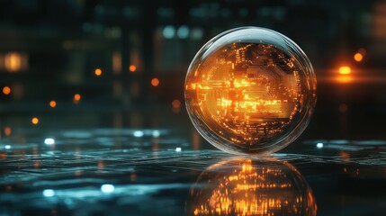 Glowing orb on reflective surface, futuristic city backdrop.