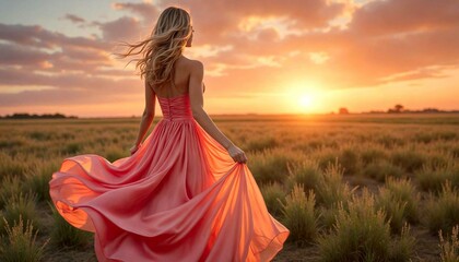 Woman in Pink Dress Walking Towards Sunset