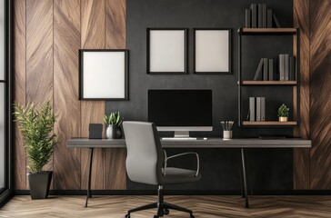 Modern home office interior with wooden wall panels, a grey desk and chair near a computer on a shelf in front of a dark gray background with poster frames