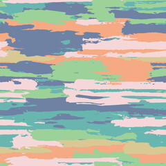 Wallpaper with sunset cloudy sky in blue orange and pink shades. Printed on fabric, seamless cartoon stroke grunge texture of the evening sky. Striped dirty camo print. Vector background