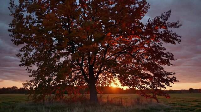 A serene video of a lone tree silhouetted against a sunset, captured from a low angle, highlighting the vibrant sky and peaceful landscape.