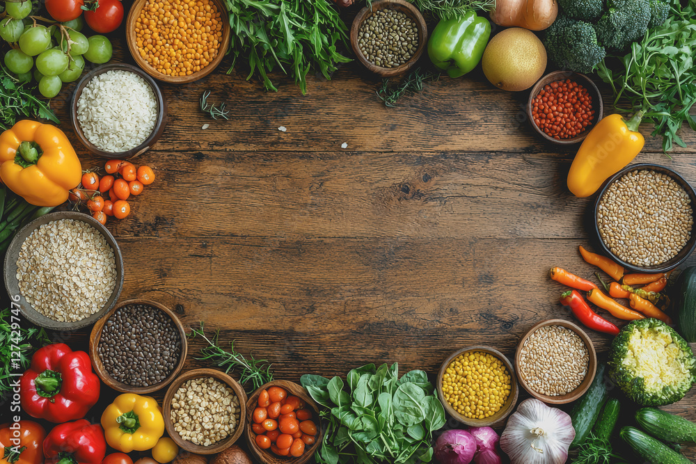 Poster circle of assorted fresh vegetables arranged in a colorful and vibrant display on a wooden surface