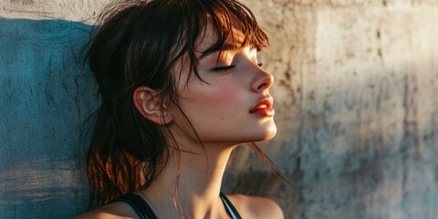 Fototapeta premium Sports bra, post-workout exhaustion, contemplation of the day, athleisure aesthetic