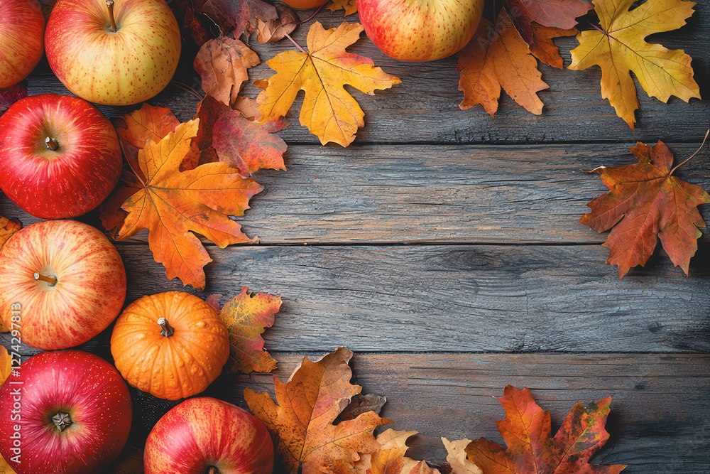 Poster assorted fresh apples and oranges arranged on a rustic wooden table background