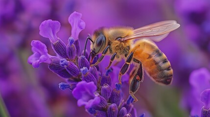 Close encounter with a bee collecting nectar from lavender flowers