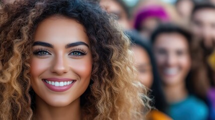 Obraz premium This engaging image presents a radiant woman with curly hair, flashing a confident smile amidst a cheerful group of friends, embodying happiness and connection in a lively social setting.