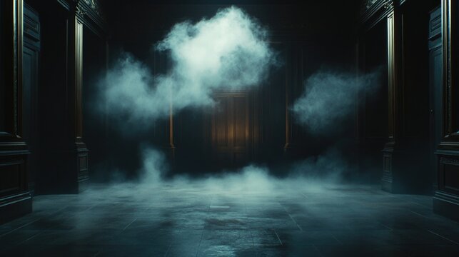 A mysterious and foggy hallway with a large, open door at the end.