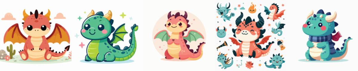 set of adorable dragon vectors