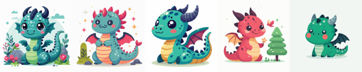 set of adorable dragon vectors
