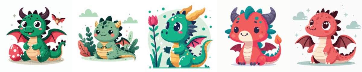set of adorable dragon vectors