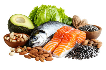 pile set of food rich in all types of omega 3 fats Isolated on white background.