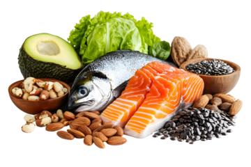 pile set of food rich in all types of omega 3 fats Isolated on white background.