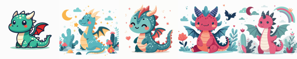 set of adorable dragon vectors
