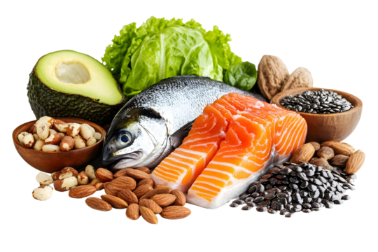 pile set of food rich in all types of omega 3 fats Isolated on white background.