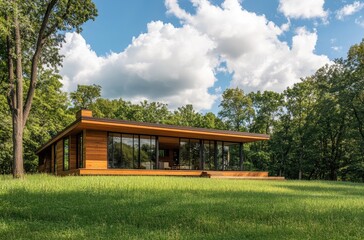 a modern log house in the forest, with green grass near a wooden cottage with a brown roof and large windows