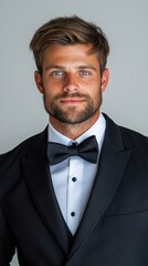 Serious male waiter adjusting bow tie while preparing for service isolated on white background