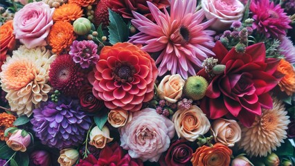 Vibrant bouquet of mixed flowers in various colors and textures