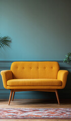 A vintage mid-century modern sofa with wooden legs, textured fabric, and soft armrests