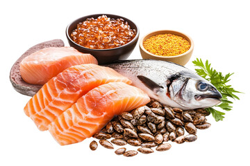 pile set of food rich in all types of omega 3 fats Isolated on white background.