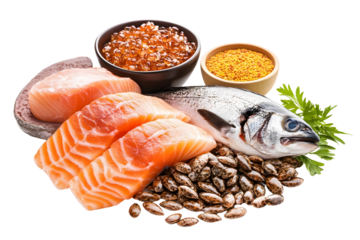 pile set of food rich in all types of omega 3 fats Isolated on white background.