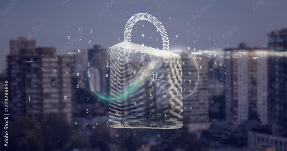 Poster digital padlock and binary code image over cityscape background