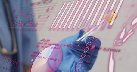 Holding test tube, gloved hand over scientific data and code image