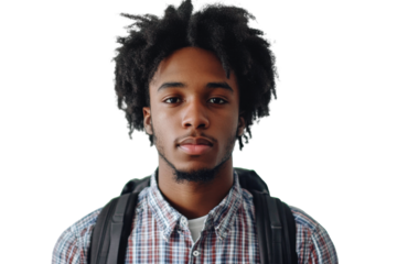 Young student man with backpack, plaid shirt, looking serious isolated on transparent png background