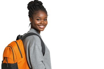 Cheerful African American student with orange backpack isolated on transparent png background