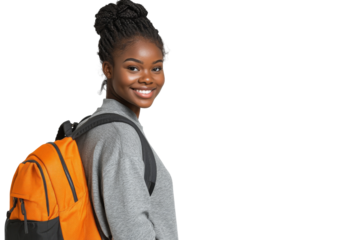 Cheerful African American student with orange backpack isolated on transparent png background