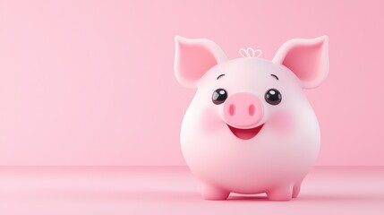 A cute 3D pig icon with a round, plump body, a curly tail, and a big happy smile, rendered in a soft pastel pink.