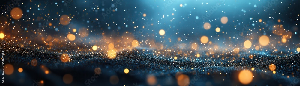 Poster abstract background with glowing bokeh lights in blue and orange hues creating a dreamy, sparkling a