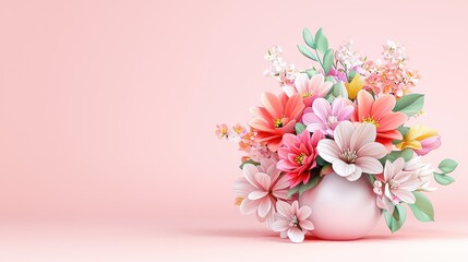 Obraz premium A delicate 3D-rendered flower bouquet with smooth, flowing petal shapes and vibrant colors, set against a clean, minimalistic background.