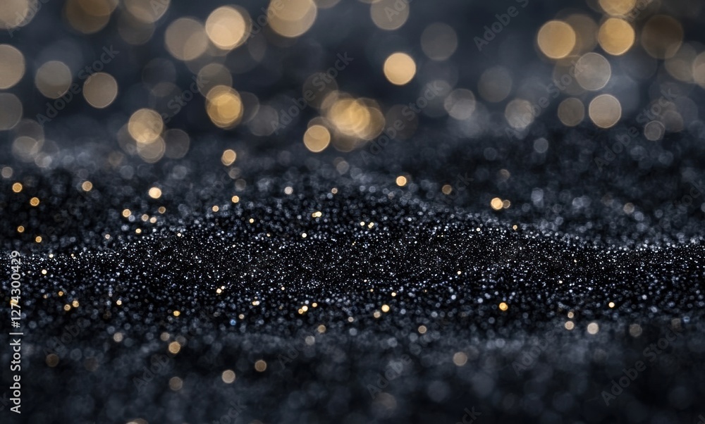 Poster abstract black background with shimmering gold and silver bokeh lights creating a dreamy and luxurio