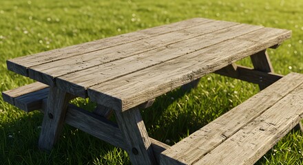 Fototapeta premium Rustic Wooden Picnic Table in Grassy Field on Sunny Day