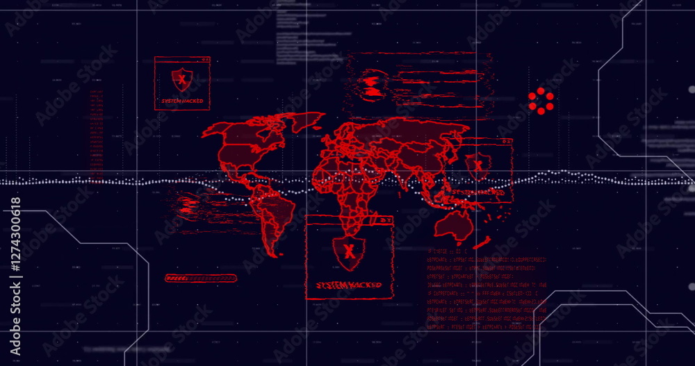 Poster global cybersecurity breach image over world map with system hacked alerts