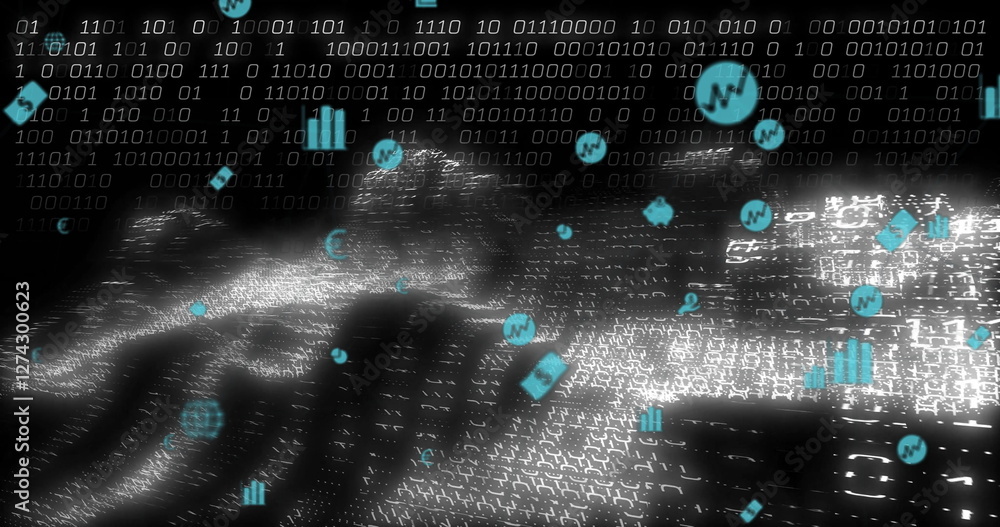 Poster binary code and data analytics icons over digital landscape image