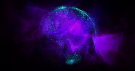 Glowing purple and blue particles forming sphere, abstract image