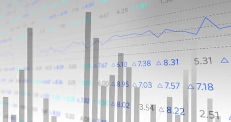Bar and line charts with financial data image over stock market numbers