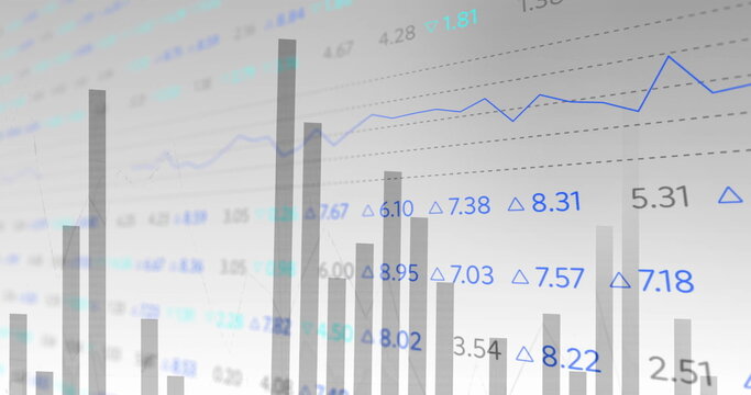 Bar and line charts with financial data image over stock market numbers