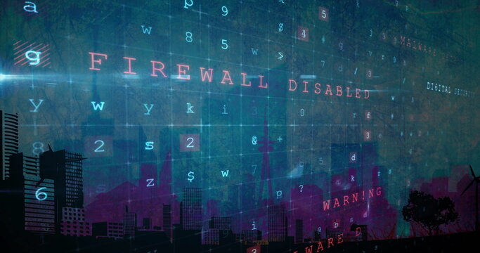 Cybercrime and malware detected text image over cityscape with digital code