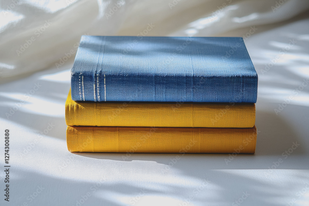 Poster stack of assorted books on a plain white surface with visible covers and spines in various colors