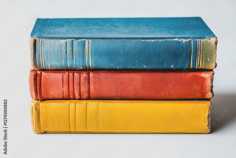 Poster stack of assorted books with various colors and sizes on a wooden table in a well-lit environment