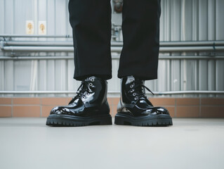 Shiny black work boots on person standing in industrial setting, reflecting light