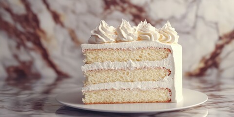 Delightful three-layer white cake with cream frosting on a marble countertop
