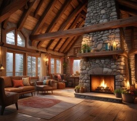 Cozy cabin with wooden beams and stone fireplace, winter wonderland, serene